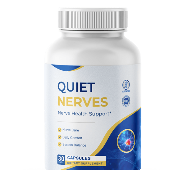 The Quiet Nerves bottle, labelled Nerve Health Support, 30 capsules, dietary supplement.