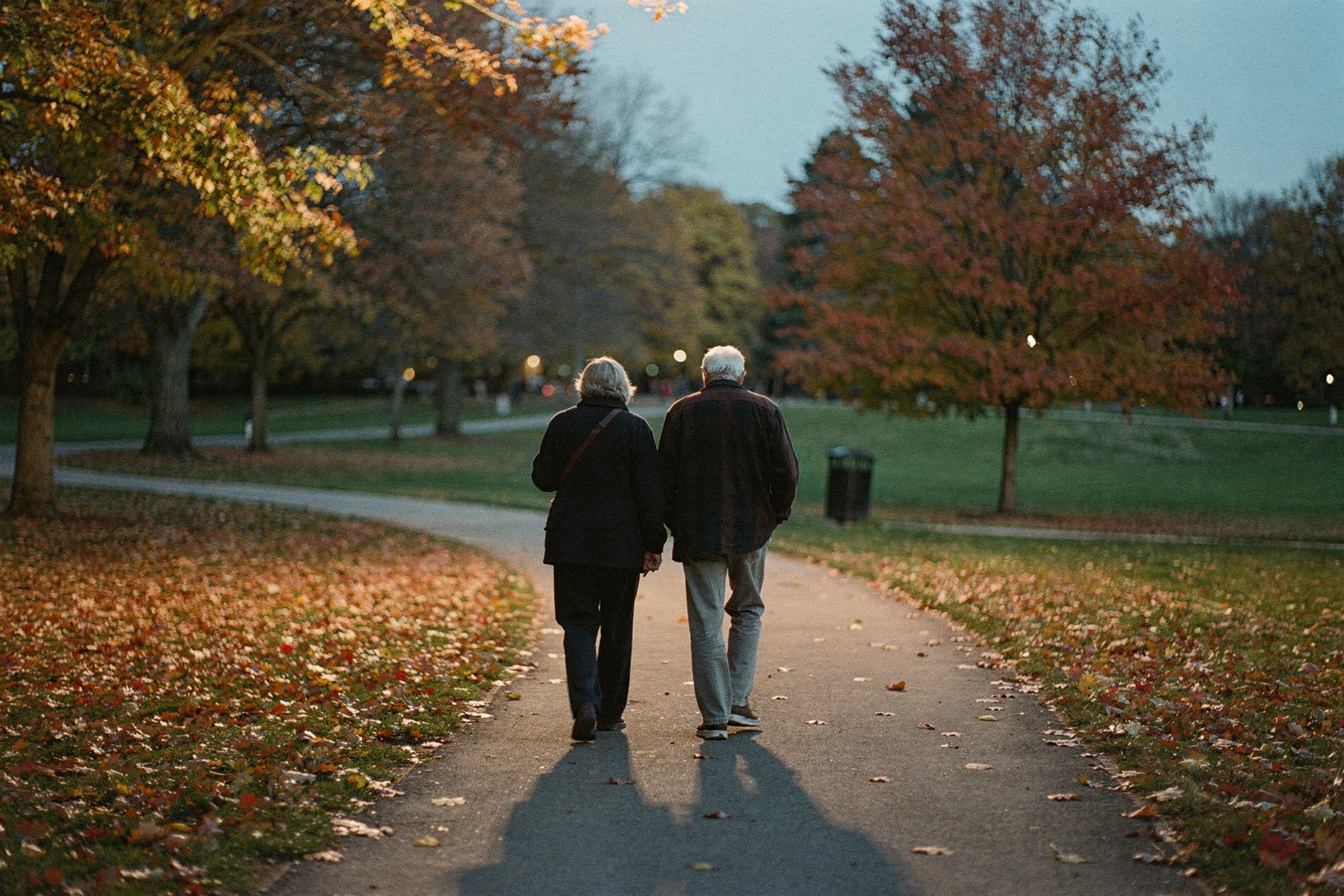 An older couple walking slowly on a park path at dusk, seen from behind.